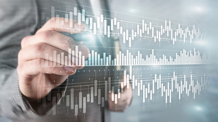 Candles chart diagram graph stock trading investment business finance concept mixed media double exposure virtual screen.