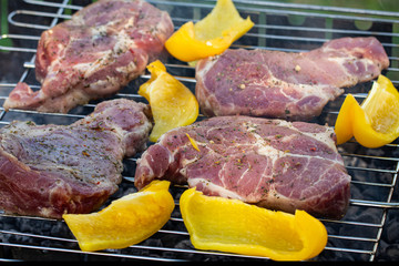 meat, steaks with grilled vegetables on the grill