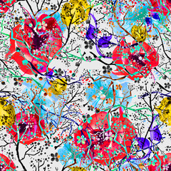 Watercolor seamless pattern with floral pattern. Vintage watercolor pattern - decorative branch cherries, cherry, plants, flowers, elements. It can be used in the design, packaging, textiles . 