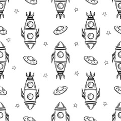 Seamless pattern with rockets, stars and flying saucers. Black and white background.
