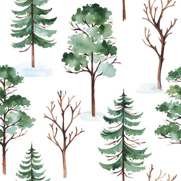 Watercolor winter landscape with tree, pine tree and conifer. Seamless background. Perfect for cover and packaging design, wallpapers, print, textile and much more