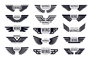 Fotobehang Wings badges. Flying emblem, eagle bird wing and winged frame. Aviation pilot patch badge, army insignia emblem or biker logotype sticker. Isolated vector icons set © Tartila