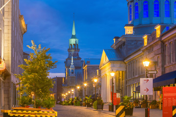 Old town Montreal at famous Cobbled streets at twilight