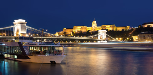Panoramic night view of Budapest featuring Royal Palace