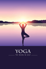 yoga for body and soul meditating person silhouette by the lake with mountain landscape vector illustration EPS10