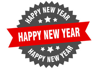 happy new year sign. happy new year red-black circular band label