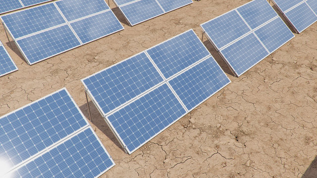 Solar panels. Alternative energy. Renewable energy concept. Ecological, clean energy. Photovoltaic solar panels, with reflection of a beautiful blue sky. Solar panels in the desert. 3D illustration