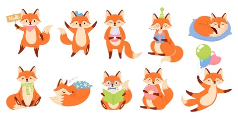 Fototapeta premium Cartoon fox mascot. Funny animal character, cute red foxes with black paws. Foxy mammal, clever fur predator animal or forest funny fox. Isolated vector illustration icons set
