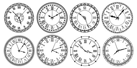 Vintage clock face. Retro clocks watchface with roman numerals, ornate watch and antic watches design. Antique elegant hour time clock. Isolated vector illustration icons set - obrazy, fototapety, plakaty