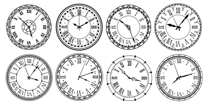Vintage clock face. Retro clocks watchface with roman numerals, ornate watch and antic watches design. Antique elegant hour time clock. Isolated vector illustration icons set
