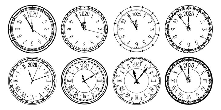Round 2020 clock. New Year countdown watch face, vintage watches and clocks for christmas greeting card. Time measurement watches icons. Isolated vector illustration signs set