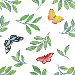 Botanical pattern on a white background. Butterflies and leaves for design.Seamless pattern.