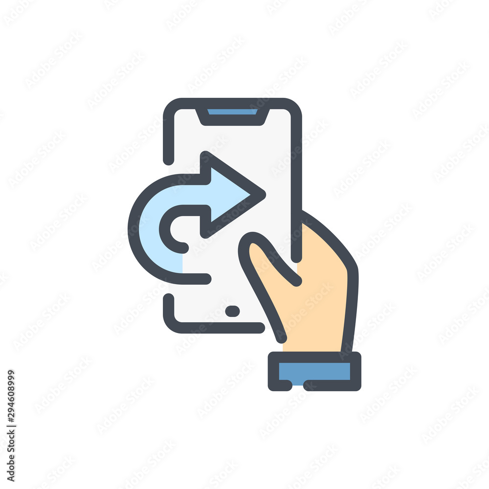 Poster hand with mobile phone and missed call color line icon. callback vector outline colorful sign.