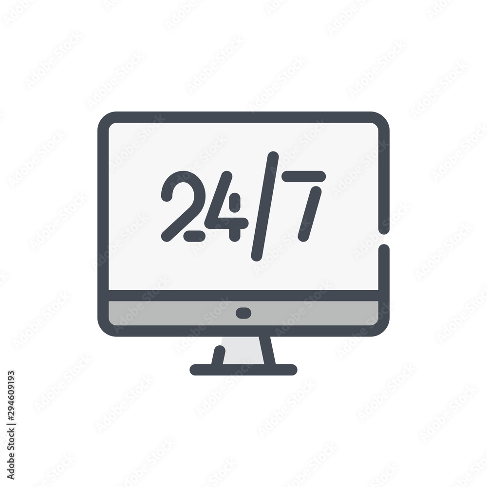 Poster 24/7 online support color line icon. computer display with 24/7 vector outline colorful sign.