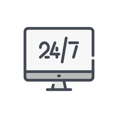 24/7 online support color line icon. Computer display with 24/7 vector outline colorful sign.