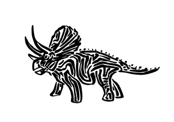 Ancient extinct jurassic triceratops dinosaur vector illustration ink painted, hand drawn grunge prehistoric reptile, black isolated silhouette on white background