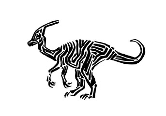 Ancient extinct jurassic parasaurolophus dinosaur vector illustration ink painted, hand drawn grunge prehistoric reptile, black isolated silhouette on white background