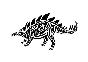 Ancient extinct jurassic hesperosaurus dinosaur vector illustration ink painted, hand drawn grunge prehistoric reptile, black isolated silhouette on white background
