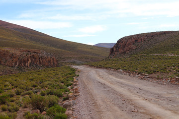 Fototapeta na wymiar A road in the Landscape of the Bolivian highlands. Desert landscape of the Andean plateau of Bolivia with the peaks of the snow-capped volcanoes of the Andes