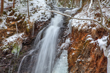 flowing waterfall in the winter season