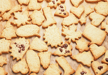 Tasty organic Christmas cookies on a baking sheet