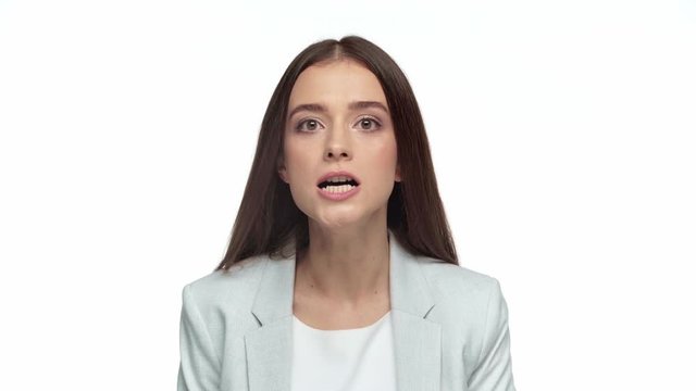 angry businesswoman yelling isolated on white