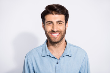 Obraz premium Close up photo of amazing mixed race multiethnic macho guy revealing perfect white teeth wear casual denim shirt isolated white color background