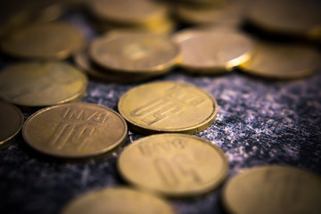 close-up photo of romanian money ron, coins, 50 bani