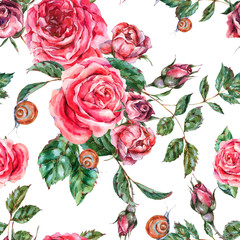 Vintage watercolor seamless pattern of red roses, Nature texture with flowers, leaf,  buds and snail