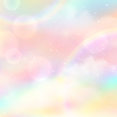 Colorful cloudy sky with shiny arc of rainbow. Vector abstract background with inscription.