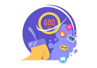 App Cache Cleaner, vector illustration. Broom sweeping out unnecessary information.