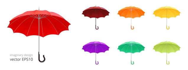 Obraz premium Open umbrella cane. Vector collection of 3d realistic rain umbrellas. 12 ribs and classic crook handle. Set of gamps with a different colors. Red, brown, orange, yellow, purple and green canopies