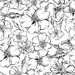 Hand drawn floristic seamless pattern. Set with simple flowers Bouquet Black & White. Graphic elements drawn with ink, branches of flowers. For postcards.