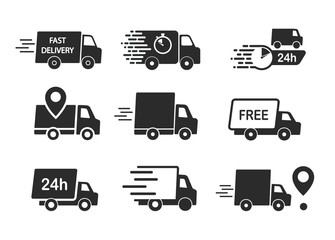 Set of delivery icons. Fast delivery, free delivery, 24 hours, truck.