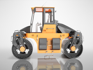 Construction machinery road roller two rolls side view 3D render on gray background with shadow