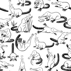 Seamless pattern with small cartoon stylized muskrats. Black-and-white graphics for design. Set of hand drawn design elements. Collection of black ink. Russian muskrat, a mammal of the mole family