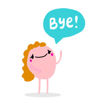 Bye hand drawn vector illustration in cartoon comic style with pink man