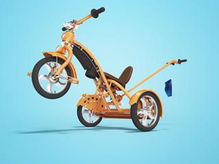 Fototapeta na wymiar Concept orange kids tricycle with lift front wheel 3d render on blue background with shadow