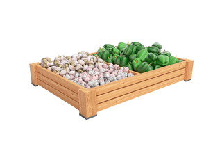 Concept selling set of vegetables in wooden boxes of green pepper garlic white mushrooms rear render on white background no shadow