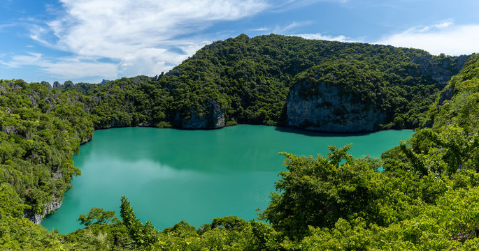 Blue Lagoon Emerald Lake or Talay Nai beautiful nature landscape green sea in the middle of mountain at Koh Mae Ko Island viewpoint in Mu Ko Ang Thong National Park, Samui, Surat Thani, Thailand.