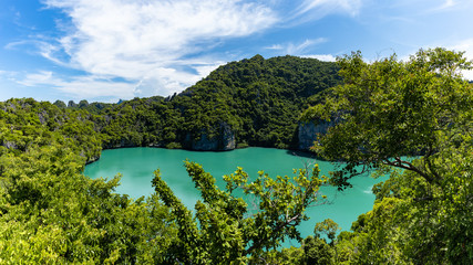 Talay Nai or Blue Lagoon Emerald Lake beautiful nature landscape green sea in the middle of mountain at Koh Mae Ko Island viewpoint in Mu Ko Ang Thong National Park, Samui, Surat Thani, Thailand - obrazy, fototapety, plakaty