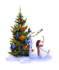 Two cute cartoon snowmen near the decorated Christmas tree hand drawn in watercolor isolated on a white background. Christmas watercolor illustration.Watercolor snowmen.Picture from Snowmen collection