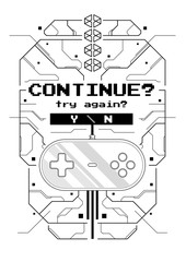 Futuristic poster with retro games elements. Game over screen with virtual reality style. Template for print and web.
