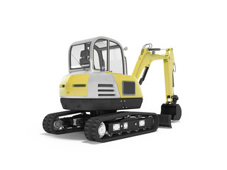 Yellow mini excavator with hydraulic mechpatoy on crawler with ladle 3d render on white background with shadow