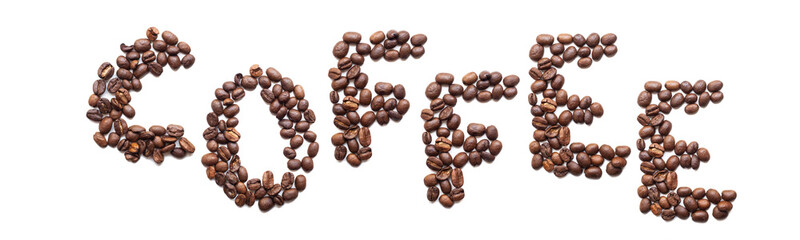 word made of coffee beans isolated on white