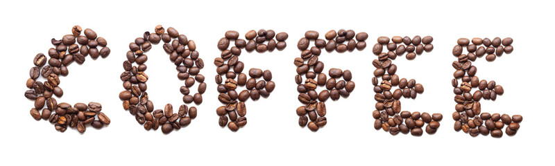 Word COFFEE made from coffee beans isolated on white background.