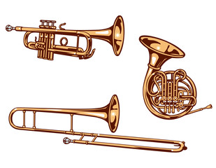 Trumpet,  horn and trombone. Brass set of vector illustration.. © 夏妃 吉野