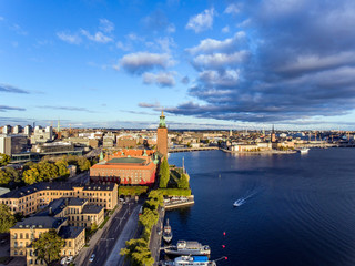 Aerial view of Stockholm City at dusk