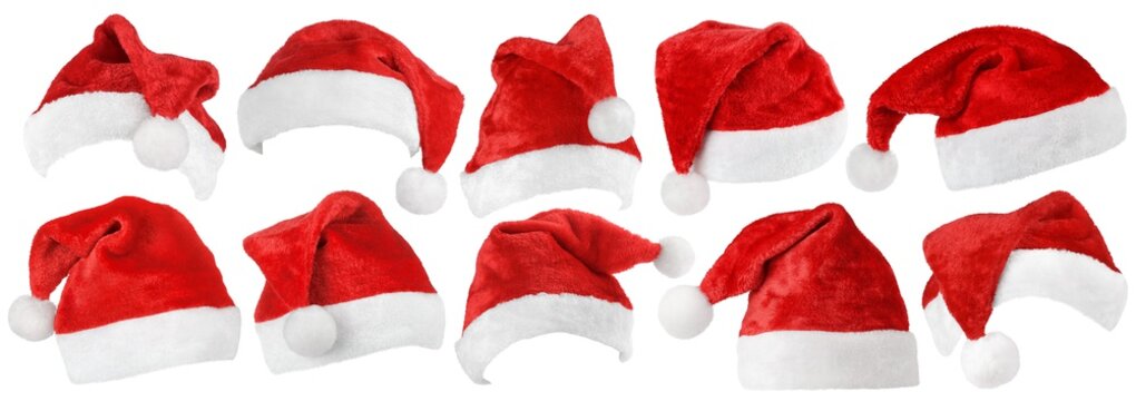 Set of red Christmas Santa Claus hat isolated on white background