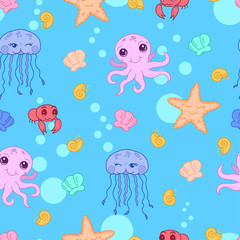 cute sea creatures seamless pattern, kawaii cartoon characters, starfish, jellyfish, crab, octopus, shells elements, editable vector illustration